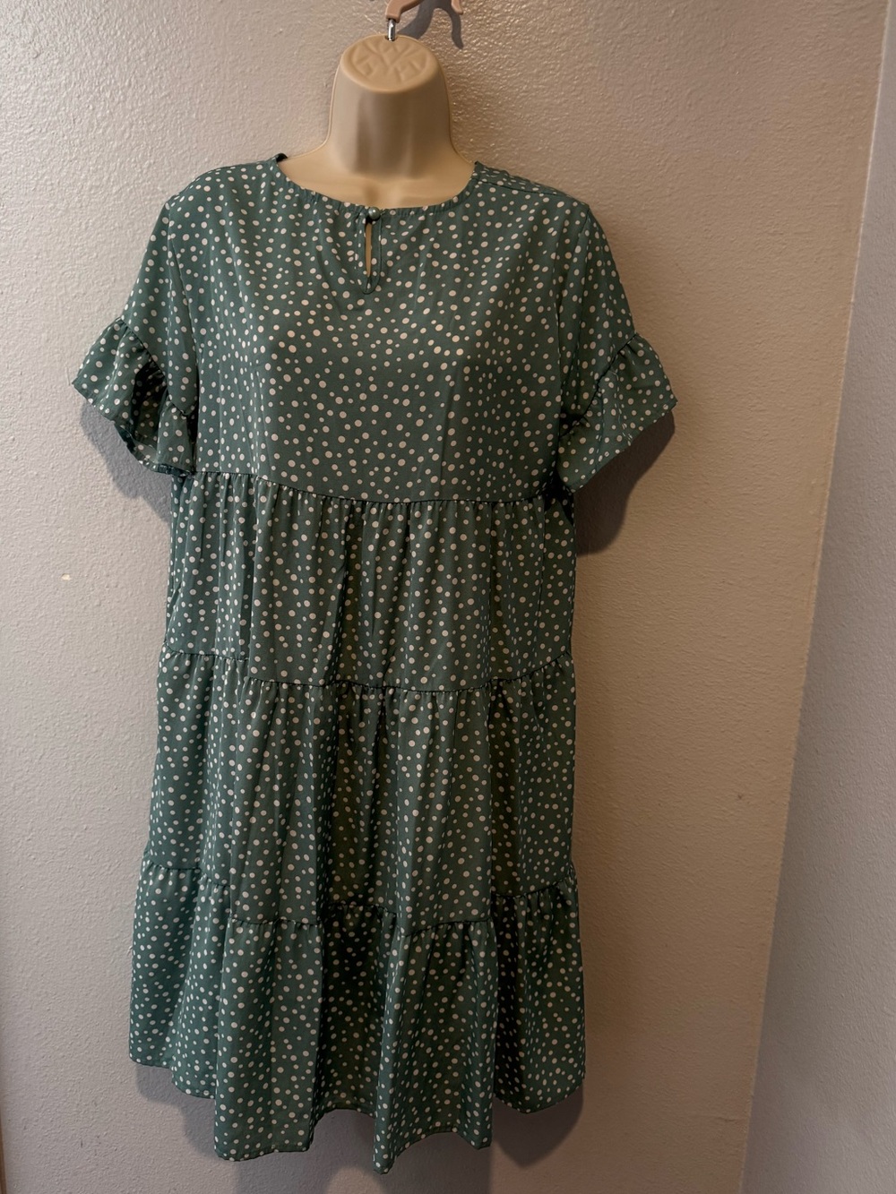 SHEIN Green Polka Dot Tiered Midi Dress